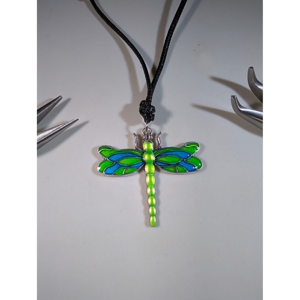 Dragonfly Pendant Necklace Blue Green Enamel Silver Tone Adjustable Black Cord